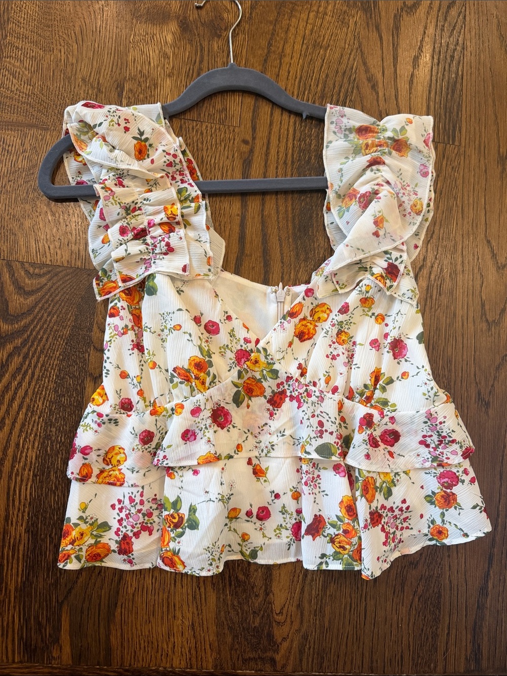 House of Harlow Floral Ruffle Peplum Tank Top - White with Pink & Orange Flowers